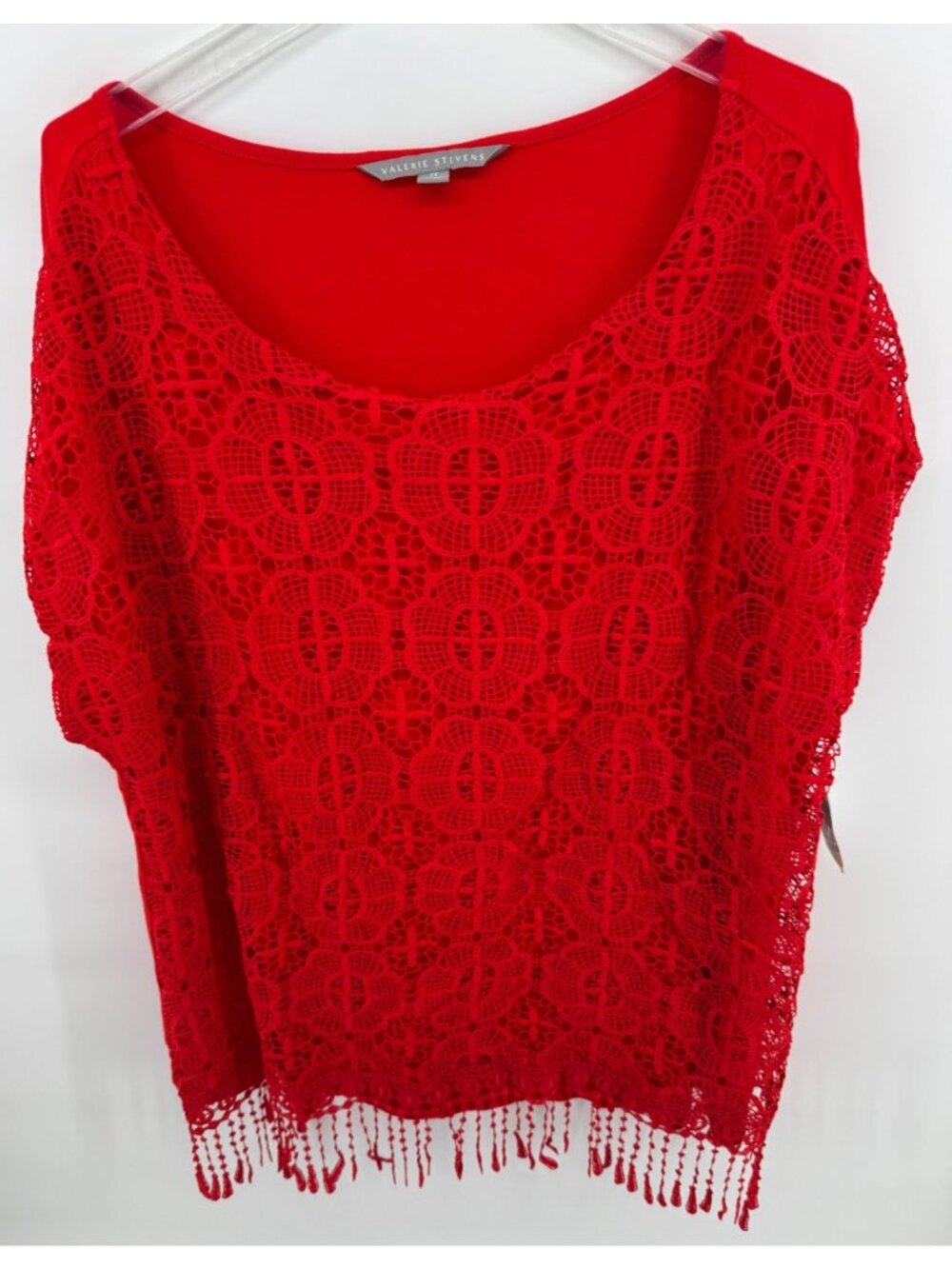 Valerie Stevens Fiery Red Plus Size 2X Crochet Lace Fringe Top New